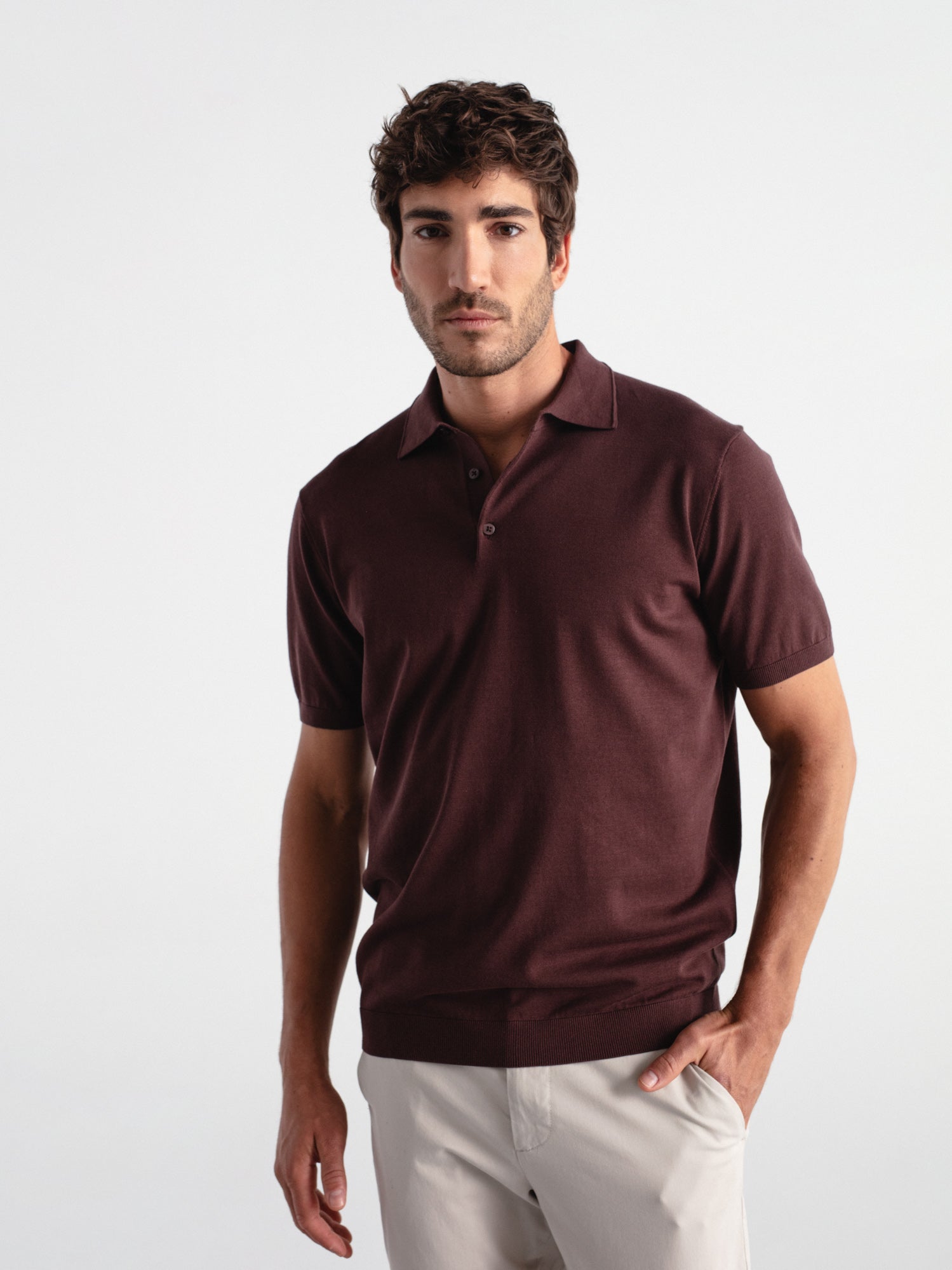 Fine knit short sleeve polo shirt