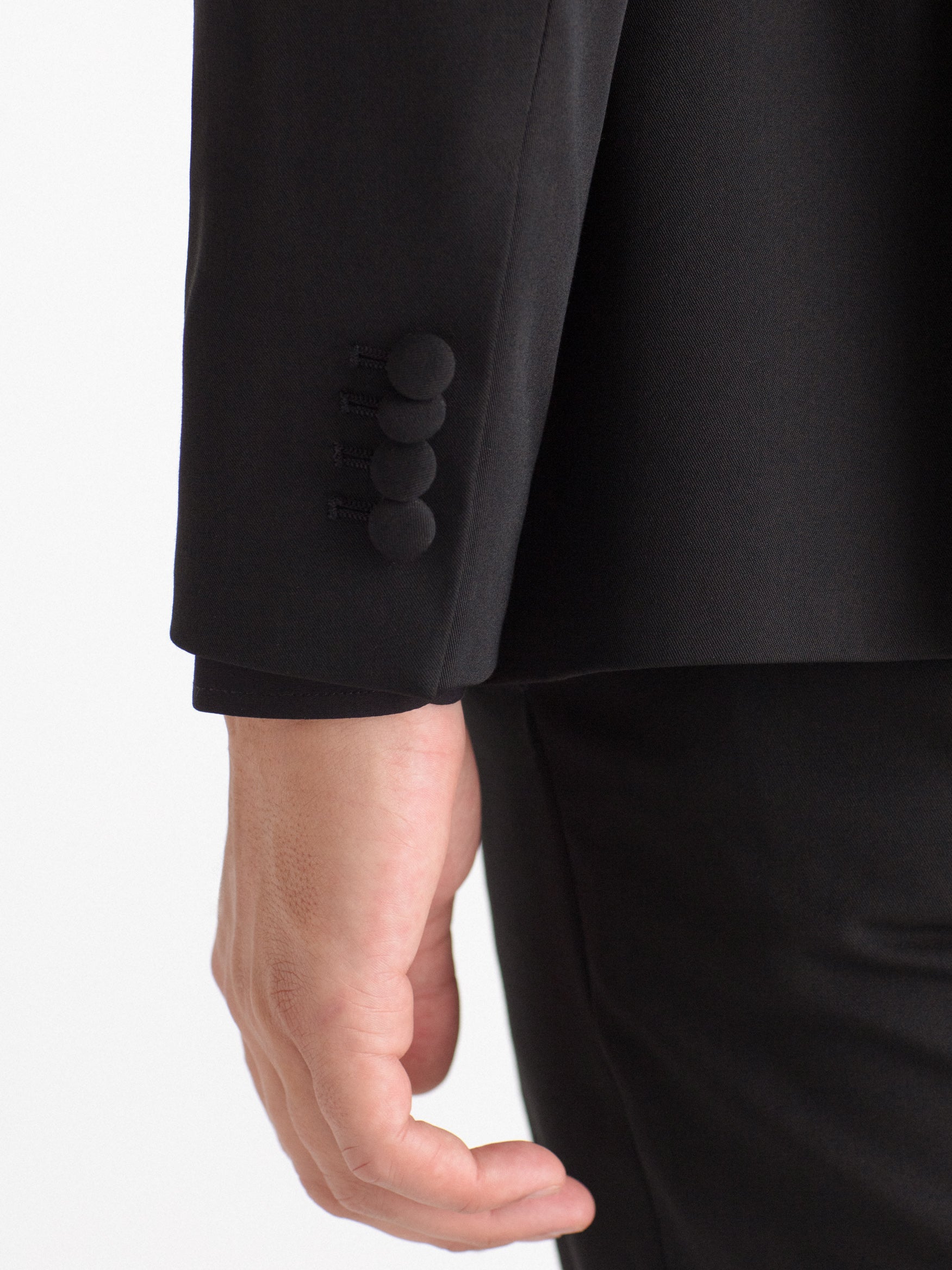 Double-breasted, slim-fit, gala-style suit jacket.