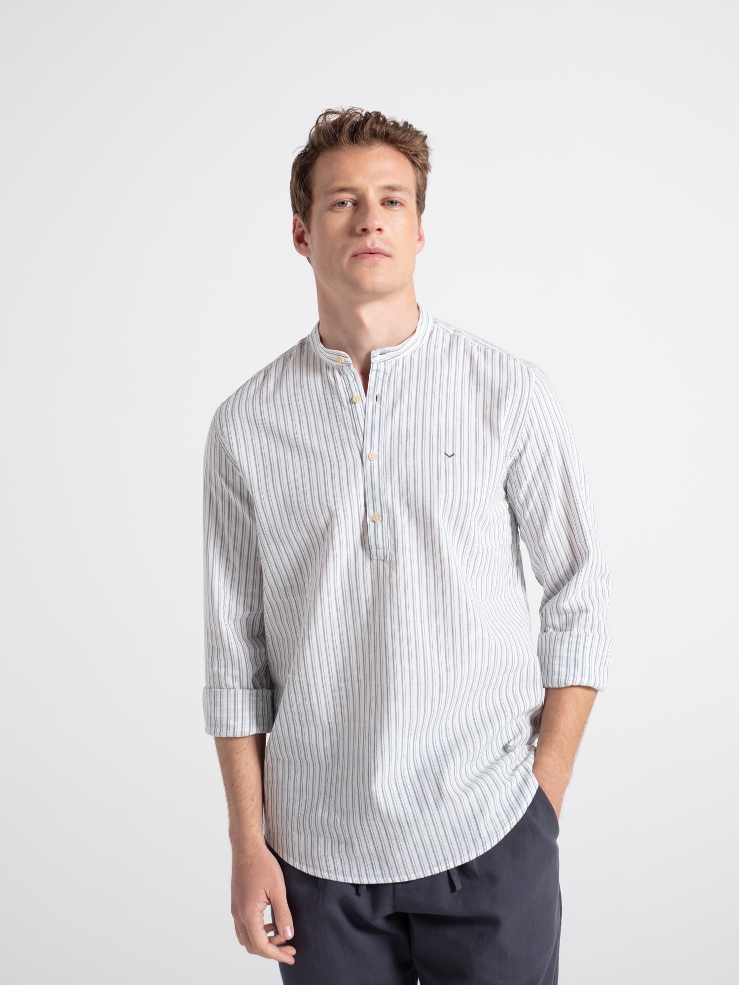 Camisa polera lino cuello mao rayas