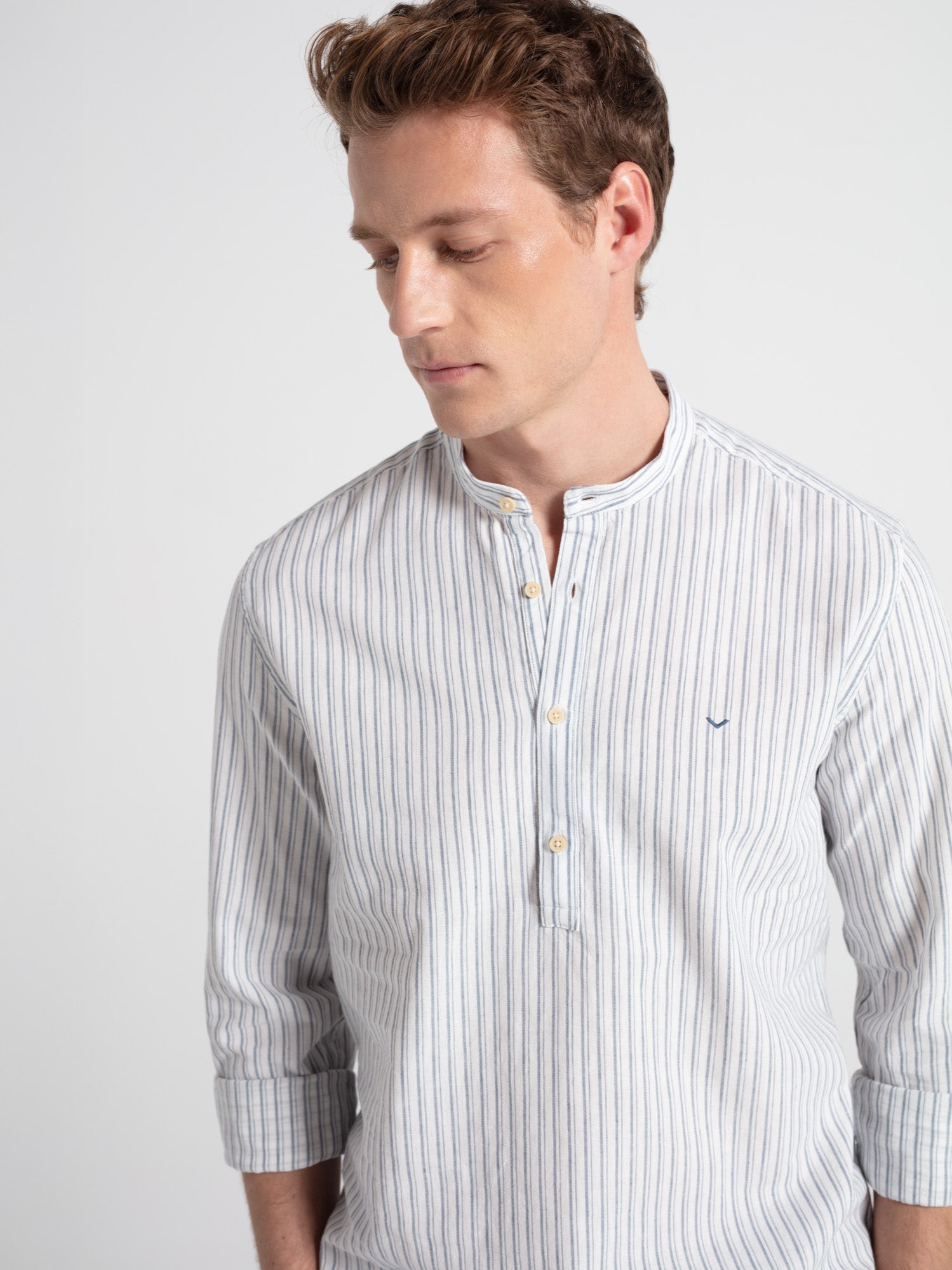 Camisa polera lino cuello mao rayas