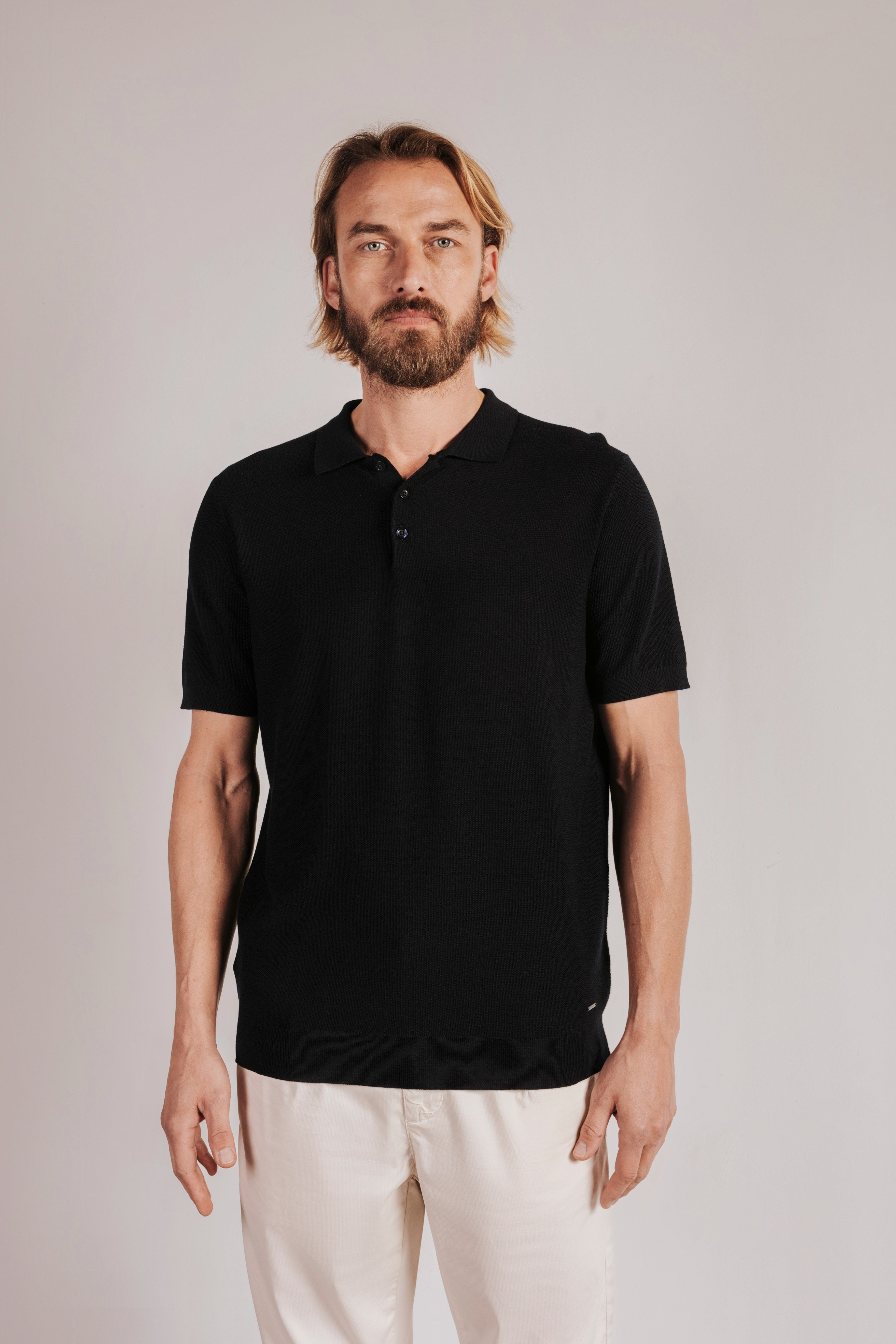 Polo shirt, short sleeves, structured knit fabric