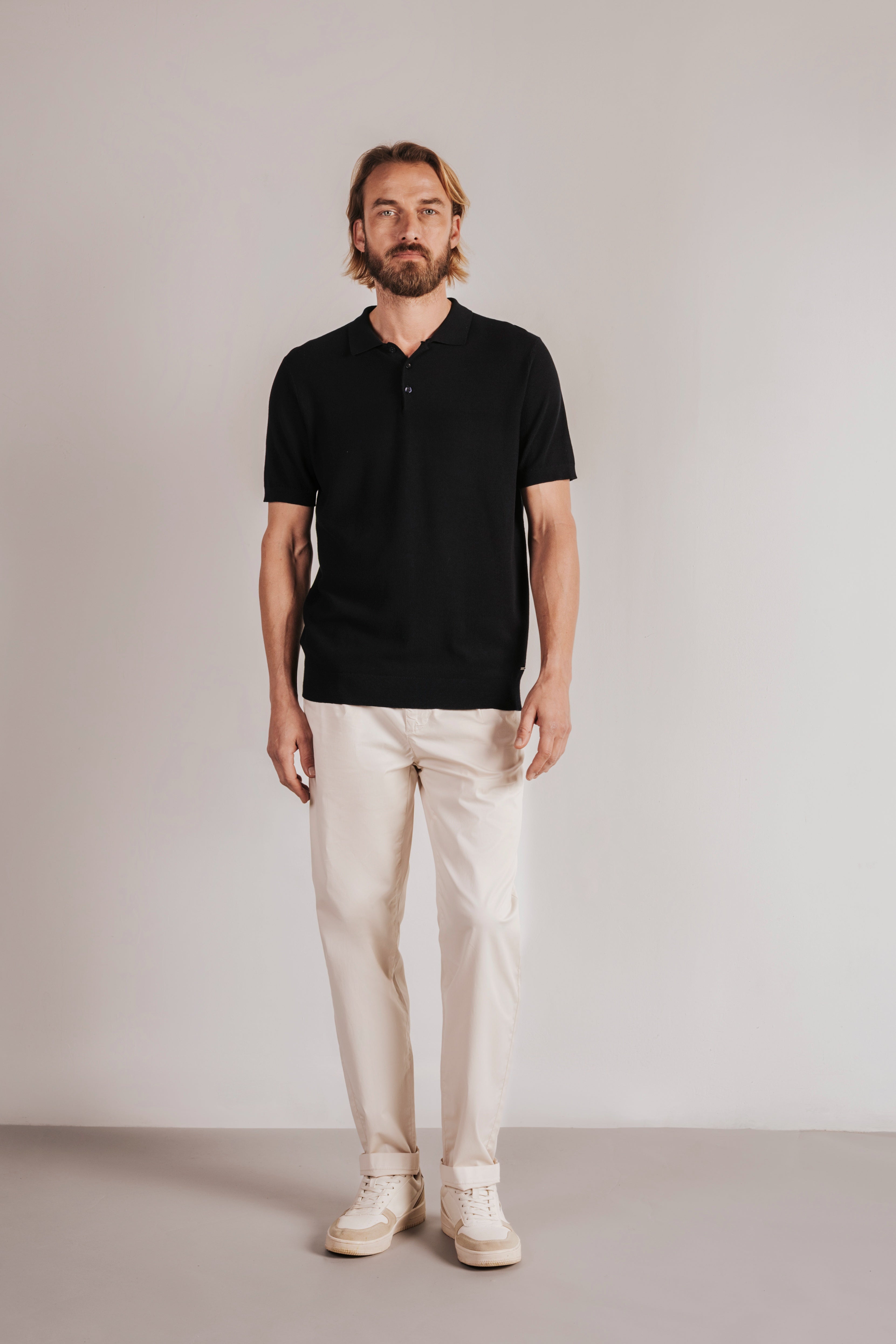 Polo shirt, short sleeves, structured knit fabric